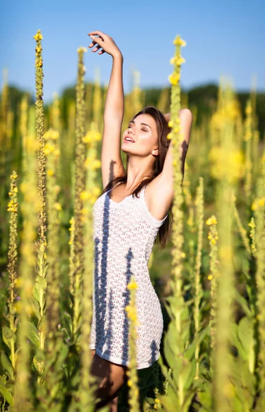 Beyaz elbiseli, genç, seksi esmer kadın gözleri kapalı ve yaz günü çimlerin üzerinde güneşin tadını çıkarıyor. — Stok fotoğraf
