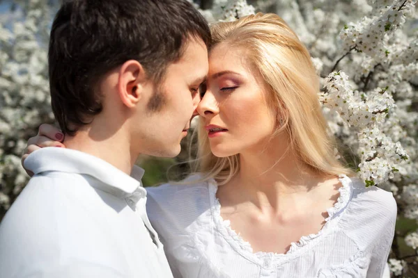 若いです美しいですカップル女性と男接吻お互いに上の開花桜の背景上に明確な晴れた日 — ストック写真