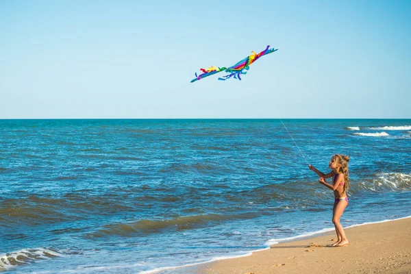 Two little happy cheerful girl run with a kite — Stock Photo, Image