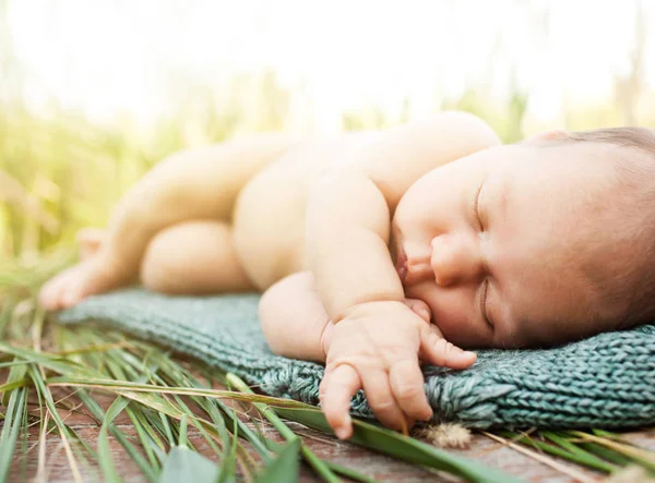 Bebê dormindo em cobertor azul de malha na grama — Fotografia de Stock