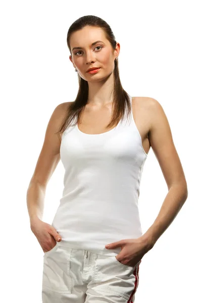 Girl in white T-shirt on a white background — Stok fotoğraf
