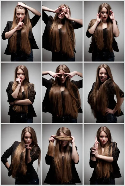 Колаж фото дівчини з довгим коричневим волоссям — стокове фото