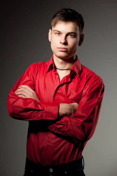 Portrait of man on gray background — Stok fotoğraf