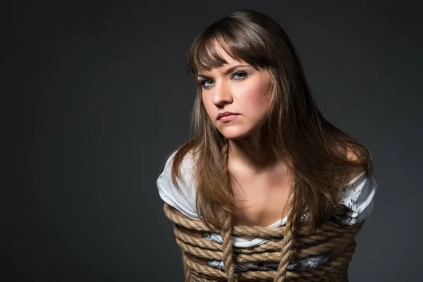 Pretty lady tied up with rope. — Stock Photo, Image