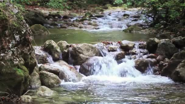 一条河流流过在这美丽的景象 在山上的岩石在秋天 — 图库视频影像