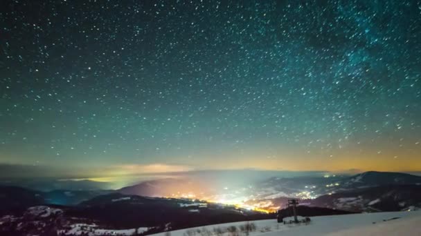 Noc Hvězdná Obloha Čas Vypršel Zimě Hora — Stock video