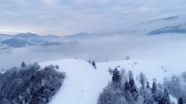Kış boyunca Carpatian dağlarının üzerinden uç, kuş bakışı manzaralı güzel bir manzara, Uhd 4k