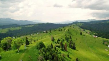 Dağ köyü, yeşil Carpatian dağlar, çayırda bulutlu gökyüzü altında yaz