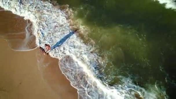 Las Niñas Juegan Orilla Del Mar Vista Superior Dron Una — Vídeo de stock