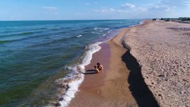 Las Niñas Juegan Orilla Del Mar Vista Superior Dron Una — Vídeo de stock