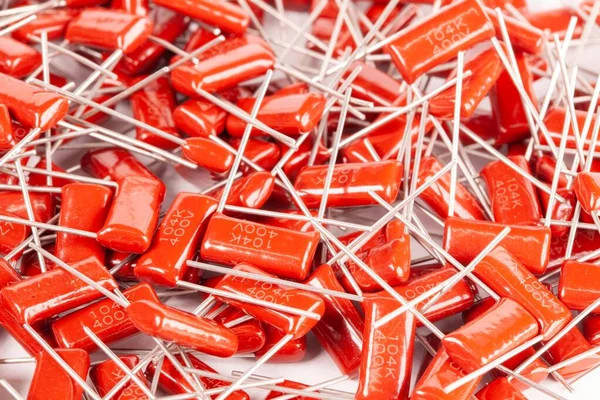 Close Bunch Red Capacitors Lies Top Each Other Office Equipment — Stock Photo, Image