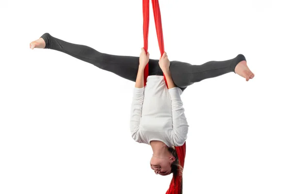 Little Acrobat Girl Doing Splits Air Holding Red Air Ribbon — Stock Photo, Image