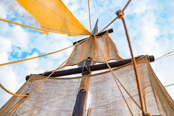 Bottom View Ship Mast Beige Sails Swings Blue Sky Sunny — Stock Photo, Image