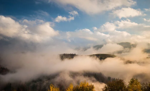 Vista Hermosas Colinas Rodeadas Densa Niebla Misty Valle Montaña Bajo —  Fotos de Stock