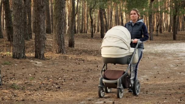 Kobieta Wózkiem Spaceruje Wiosennym Lesie Świeżym Powietrzu Nie Boi Się — Wideo stockowe