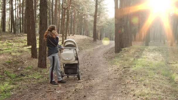 一个带着婴儿车的女人走在春天的森林里 呼吸着新鲜空气 不怕病毒 妈妈和一个小孩在森林里散步 Uhd摄像机 2X慢动作 — 图库视频影像