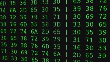 Bilimsel aygıt ekranında HEX kodu, yeşil metin ASCI bilgisi, 4K UHD video