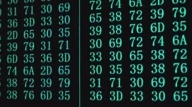 Bilimsel aygıt ekranında HEX kodu, yeşil metin ASCI bilgisi, 4K UHD video