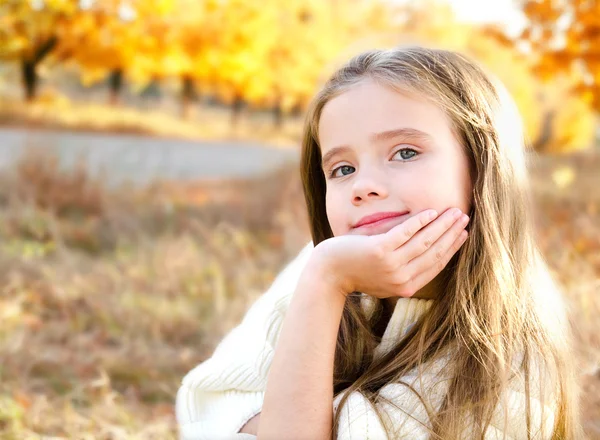 Retrato de otoño sonriendo adorable niña en el parque —  Fotos de Stock