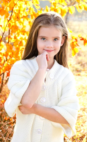 Retrato de otoño sonriendo adorable niña en el parque —  Fotos de Stock