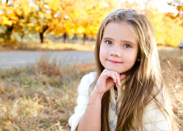 Осенний портрет улыбается очаровательная маленькая девочка в парке — стоковое фото