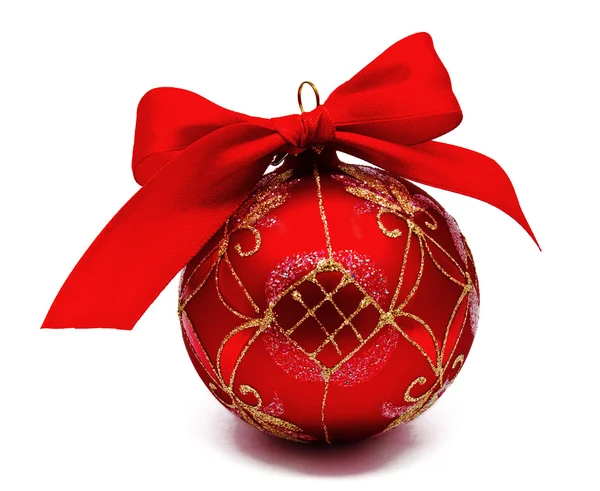 Perfect red christmas ball with ribbon isolated — Stock Photo, Image