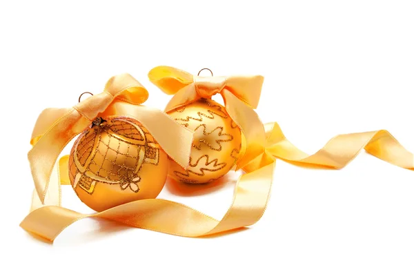 Perfect golden christmas balls with ribbon isolated — Stock Photo, Image