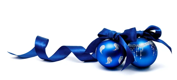 Two perfect blue christmas balls with ribbon isolated — Stock Photo, Image