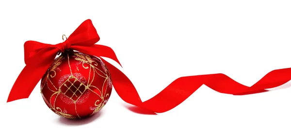 Perfect red christmas ball with ribbon isolated — Stock Photo, Image