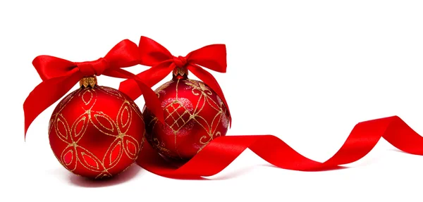 Perfect red christmas balls with ribbon isolated — Stock Photo, Image