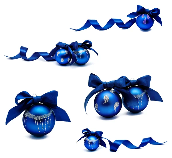 Collectie van foto's perfect blauw kerstballen met lint is — Stockfoto