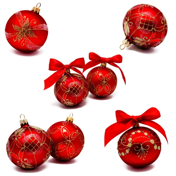 Collection of photos perfect red christmas balls with ribbon iso — ストック写真