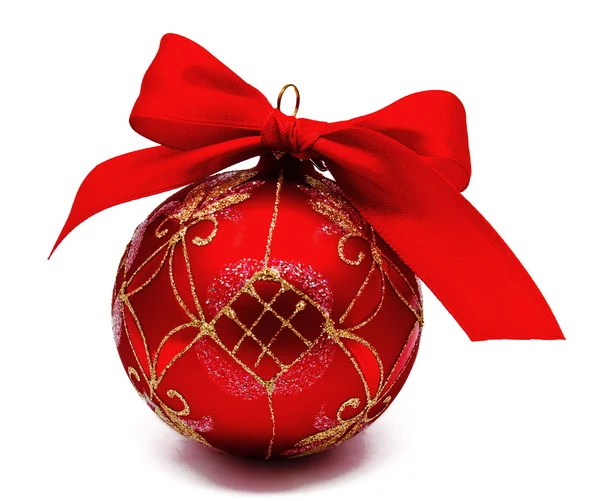 Perfect red christmas ball with ribbon isolated — Stock Photo, Image