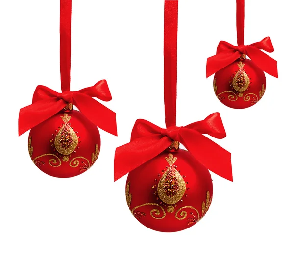 Three hunging red christmas balls isolated — Stock Photo, Image
