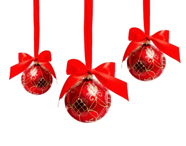 Three hunging red christmas balls isolated — Stock Photo, Image