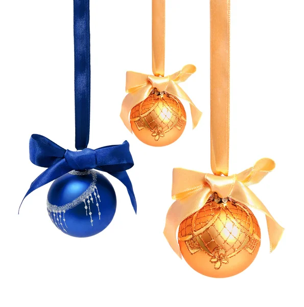 Hunging golden ahd blue christmas balls isolated — Stock Photo, Image