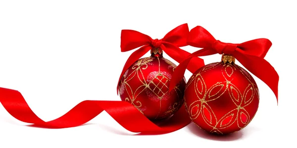 Perfect red christmas balls with ribbon isolated — Stock Photo, Image