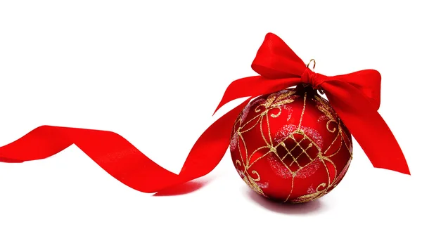 Perfect red christmas ball with ribbon isolated — Stock Photo, Image