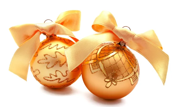 Perfect golden christmas balls with ribbon isolated — Stock Photo, Image