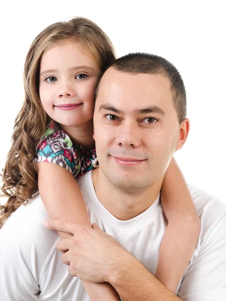 Милая маленькая девочка обнимает своего отца изолированно — стоковое фото