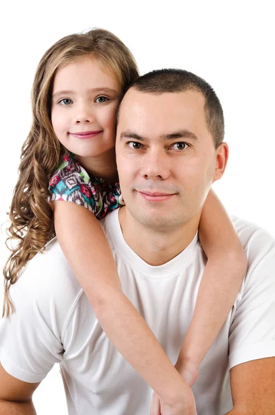 Menina bonito abraçando seu pai isolado — Fotografia de Stock