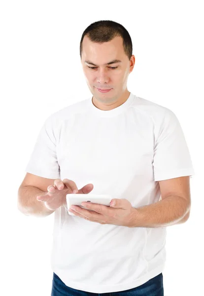 Νεαρός άνδρας με pc ταμπλετών που απομονώνονται σε λευκό — Φωτογραφία Αρχείου