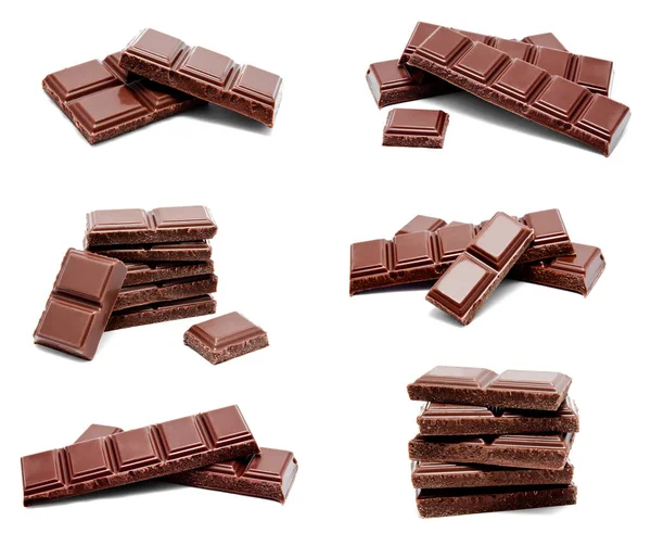 Collection of photos dark milk chocolate bars stack isolated — Stock Photo, Image