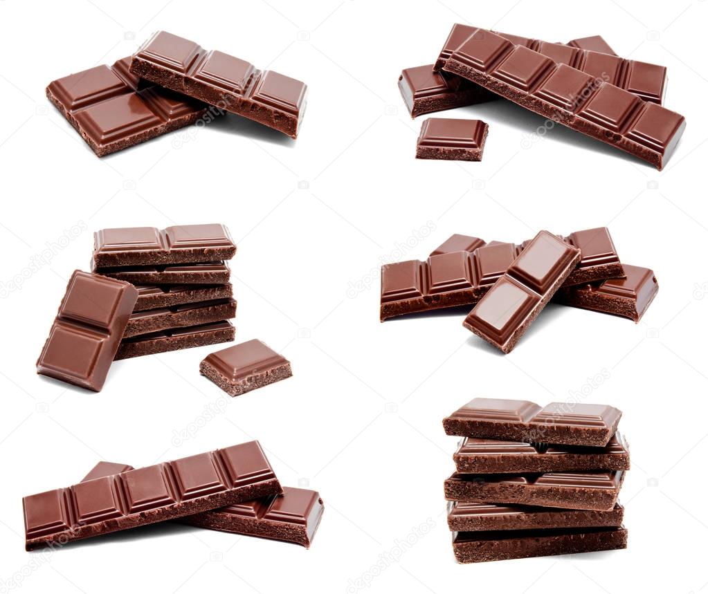 Collection of photos dark milk chocolate bars stack isolated