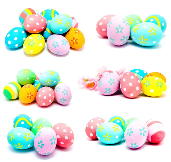 Kolekce fotografií dokonalé barevné ručně dělané velikonoční vajíčka — Stock fotografie