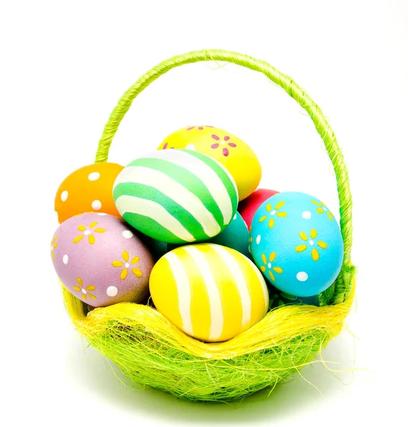 Perfect colorful handmade easter eggs in the basket — Stock Photo, Image