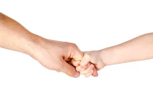 Kind houdt vaders vinger geïsoleerd — Stockfoto