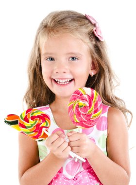 küçük kızla mutlu bir beyaz izole lolipop