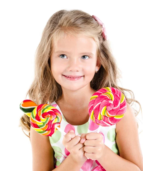 Gelukkig meisje met lollies geïsoleerd — Stockfoto