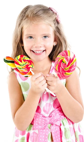 Happy little girl with lollipop isolated — Stock Photo, Image